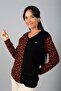 Women's Leopard Patterned Heart Brooch V-Neck Long Sleeve Blouse