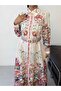 Women's Ecru Pera Linen Floral Patterned Belted Maxi Shirt Dress Jen2668