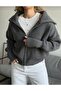 Women's Anthracite Zip-Up Turn-Down Collar Knitwear Cardigan