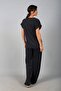 Women's V-Neck Side Gold Buttoned Slit Blouse Elastic Waist Pocketed Wide Leg Pants Lyocell 2-Piece Set - 4