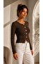 Women's Brown Metal Button Detailed Long Sleeve Viscose Elastane Fabric Cardigan Blouse - 5