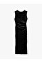 Slim Fit Crew Neck Draped Sleeveless Textured Velvet Midi Dress - 5
