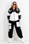 Plus Size Zippered Contrast Color Printed Women's Bottom Top Two-Piece Set with Pocket Jogger Pants