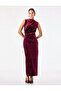 Slim Fit Bodycon Draped Light High Neck Slit Sleeveless Midi Length Velvet Dress