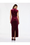 Slim Fit Bodycon Draped Light High Neck Slit Sleeveless Midi Length Velvet Dress - 4