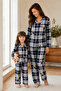 Mother and Daughter Pajamas Set Navy Blue Teddy Bear Patterned Long Sleeve Comfortable Home Wear Set - 2
