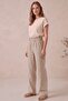 Beige Gathered Elastic Waist Linen Look Palazzo Trousers