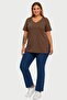 Plus Size V-Neck Slit Cotton Basic Tshirt-Light Brown