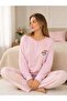 Women's Long Sleeve Three Button Collar Noodle Printed Sleeves Cuff Detail Waffle Fabric 100% Cotton Pajama Set - 2