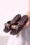 Algero Brown Satin Polka Dot Women's Short Heeled Slippers with Gold Drop Accessories - 3