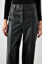 Ribbed Stitched Wide Leg Leather Trousers - Black - 7