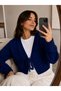 Women's V-Neck Tie Hair Braid Patterned Long Sleeve Crop Knitwear Cardigan - 5