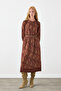 Belted Shawl Pattern Midi Dress - Brown