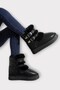 Girls' Boots with Fur Inside, Double Belt, Thick Sole Black - 3