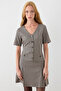 V-Neck Gingham Short Sleeve Dress - Beige - 6