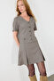 V-Neck Gingham Short Sleeve Dress - Beige - 5