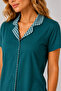 Women's Petrol Green Plaid Patterned Shirt Collar Short Sleeve Buttoned Long Pajama Set - 3