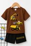 Excavator Printed Children's Brown T-Shirt - Black Shorts Set - Children's Summer Crew Neck - 2