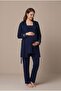 Women's Navy Blue Lace Long Sleeve Maternity Pajama Set with Easy Nursing Dressing and Comfortable Robe - 3