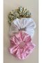 Set of 3 Fabric Scrunchies with Yellow Flowers, White and Pink Houndstooth Pattern