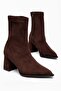 Pointed Toe Thick Heeled Side Zipper Coffee Suede Stretch Boots - 3