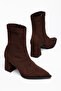 Pointed Toe Thick Heeled Side Zipper Coffee Suede Stretch Boots - 4