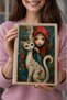 A Red Hooded Girl from a Fairy Tale (Little Red Riding Hood Concept) with Elegant Floral Design, Designable Flexible Fabric Book/Notebook Cover - School and Planner Protective Cover - 23X31 Cm.