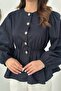 Navy Blue Elastic Waist Balloon Sleeve Blouse - 2