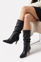 Women's Drawstring Detailed Thin Heeled Long Boots Black Leather - 3