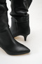 Women's Drawstring Detailed Thin Heeled Long Boots Black Leather - 4