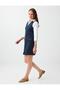 Navy Blue V-Neck Sleeveless Line Patterned Buttoned Dress - 3