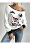 Women's Smile Printed Black Sweatshirt with Piping Detail and Boat Neckline - 2