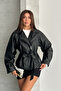 Women's Belted Leather Biker Jacket Coat with Zipper Detail - 4