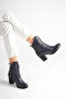 Women's Genuine Leather Lace-Up Stylish Boots with Thick Heels - Navy Blue