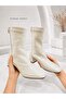 Janice Women's Beige Blunt Square Toe Wrinkled Patterned Patent Leather Stretch Back Zipper 6 cm Thick Heeled Boots - 4