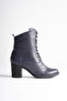 Women's Genuine Leather Lace-Up Stylish Boots with Thick Heels - Navy Blue - 3