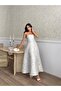 Saten Jacquard Design Flared Strapless Dress Blue - 4