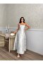 Saten Jacquard Design Flared Strapless Dress Blue - 2