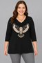 Plus Size Owl Print V-Neck Long Sleeve Side Slit Blouse Black