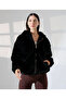 Women's Black Plush Hooded Zippered Lined Oversize Bomber Coat - 2