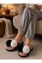 Women's Pompom Detailed, Dual Color, Non-Slip Sole, Plush House Slippers - 3