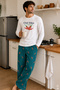 Men's Cotton Ecru Long Sleeve Pepper Printed Green Striped Patterned Pajama Set