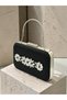 Black Striped Satin Silver Detailed Crystal Stone Chain Strap Women's Evening Dress Bag Wedding Engagement Graduation - 2