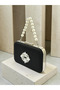 Black Striped Satin Silver Detailed Crystal Stone Chain Strap Women's Evening Dress Bag Wedding Engagement Graduation - 2