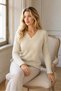 Women's V-Neck Long Sleeve Diamond Knit Patterned Ribbed Detailed Stylish Elegant Casual Beige Knitwear Sweater - 2