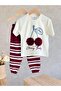 Cherry Baby Cherry Patterned 3D Pompom Detailed Burgundy Striped Double Girls' Set
