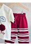 Cherry Baby Cherry Patterned 3D Pompom Detailed Burgundy Striped Double Girls' Set - 3