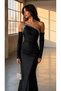 Black One-Shoulder Stone Embellished Detailed Gathered Satin Mermaid Evening and Night Dress 583427 - 6