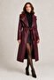 Women's Double-Breasted Collared Belted Faux Leather Long Trench Coat - 7
