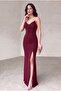 Scuba Fabric Strap Stone Detail Thin Strap Slit Evening Dress Red - 5